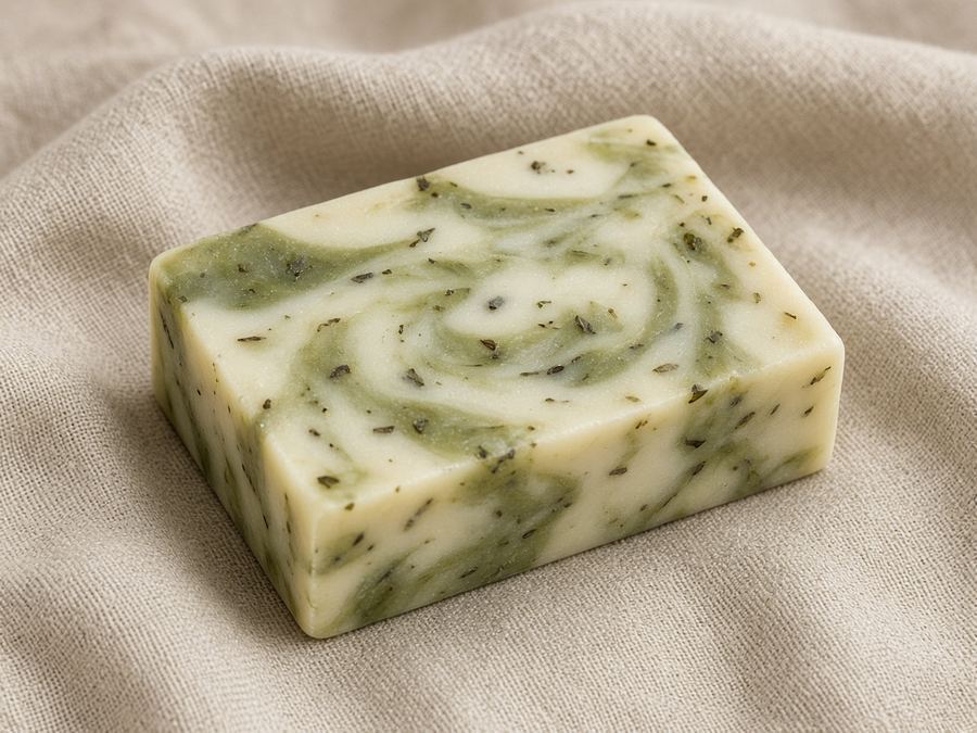 Olive oil bar with herb flecks and a soft green swirl.