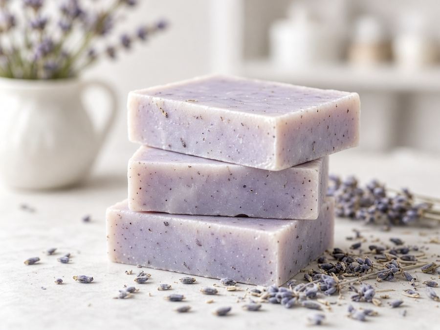 Pale lavender stack with dried buds on the side.