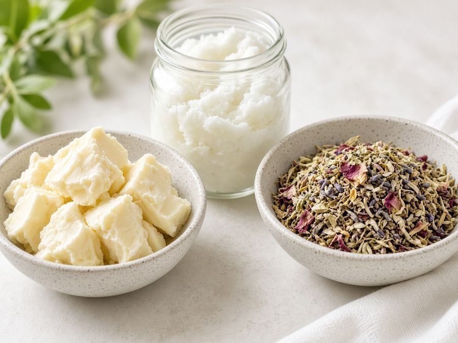 Shea, coconut oil, and dried botanicals.